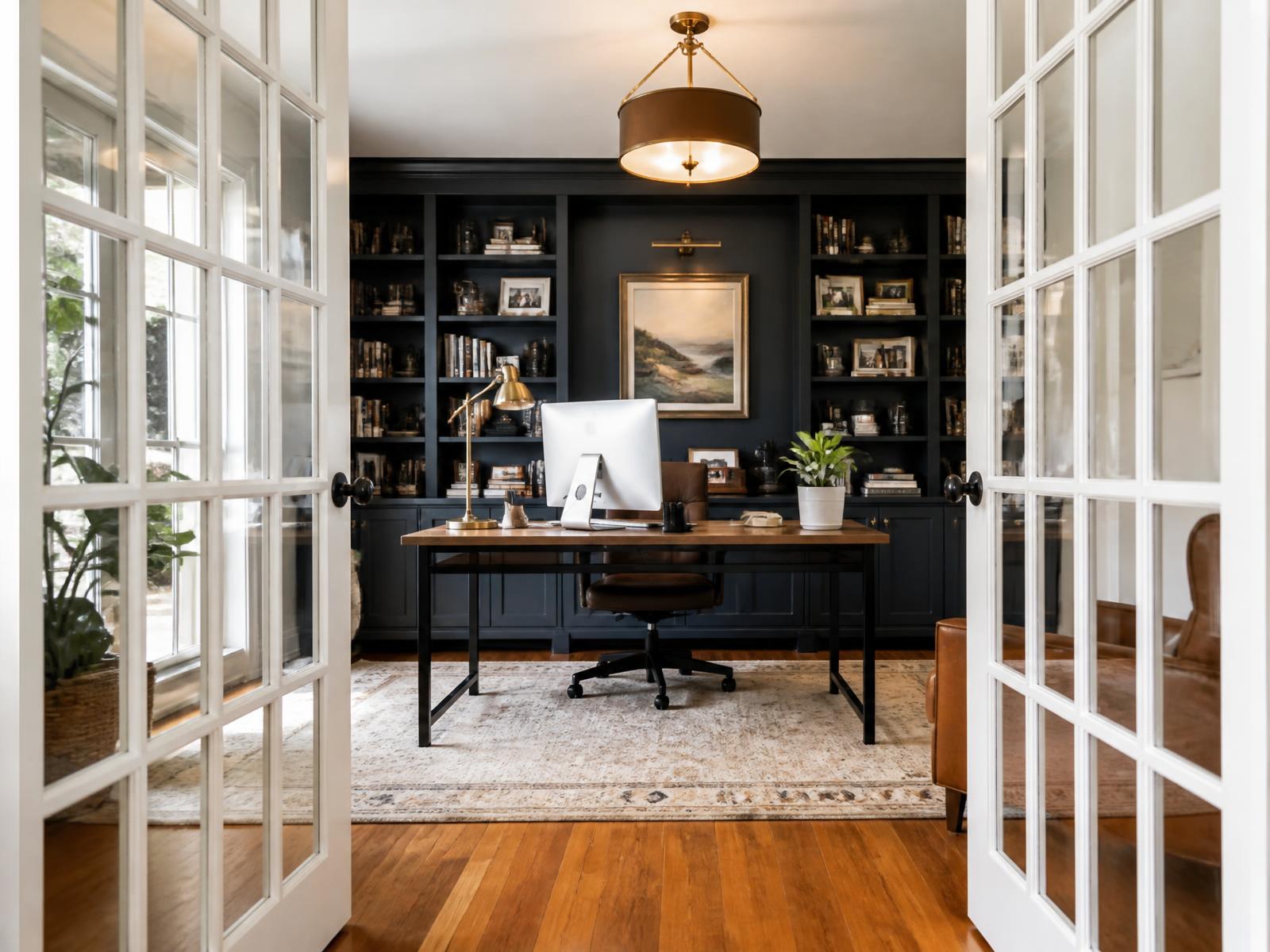 Home office behind French doors