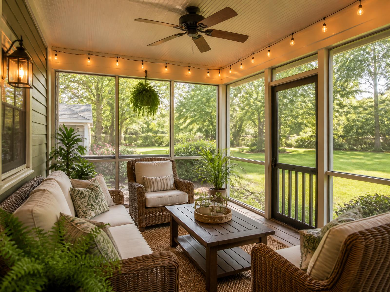 Screened-in porch with wicker seating overlooking the yard